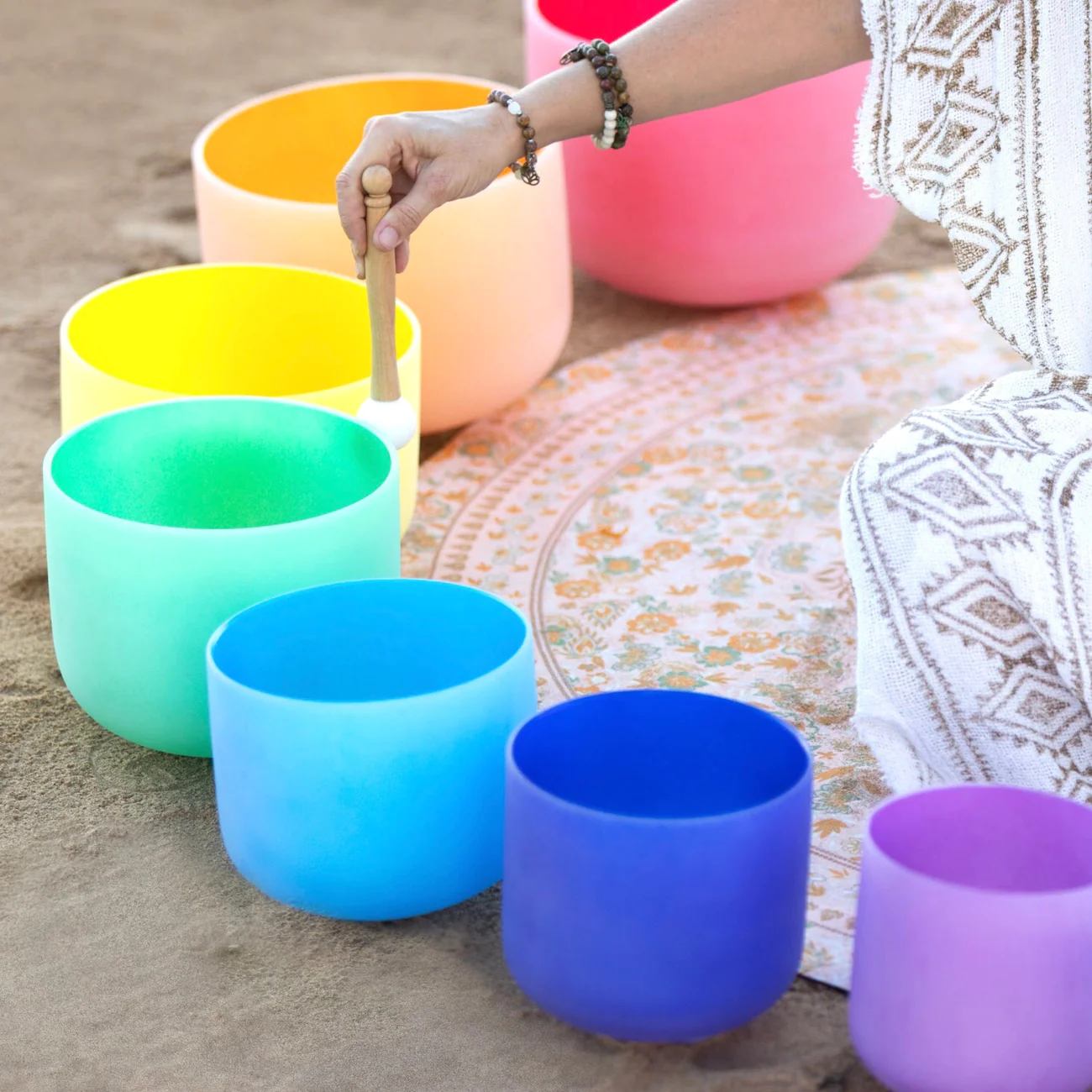 Set Of 7 Coloured Crystal Singing Bowls For Chakras