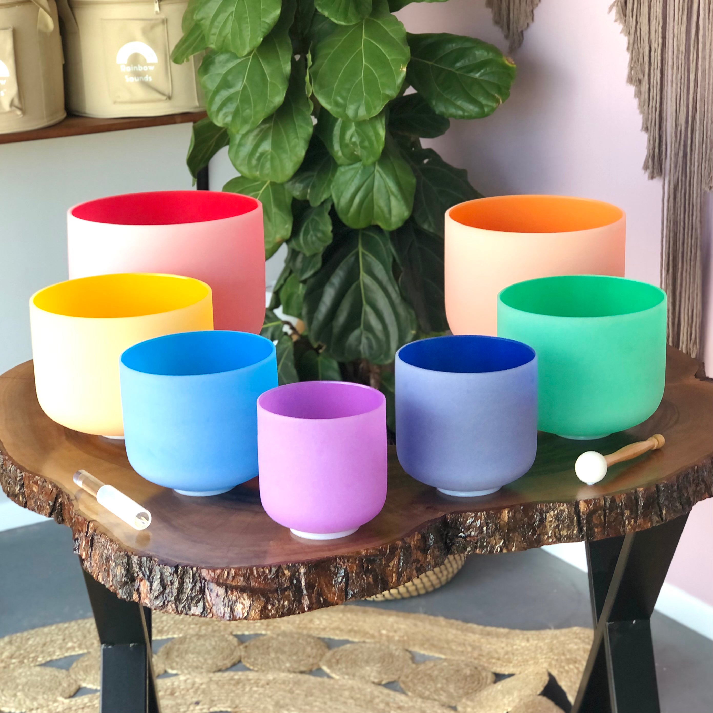 Set Of 7 Coloured Crystal Singing Bowls