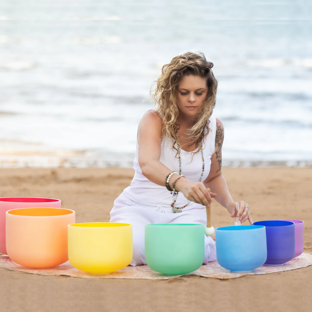 Set Of 7 Coloured Crystal Singing Bowls