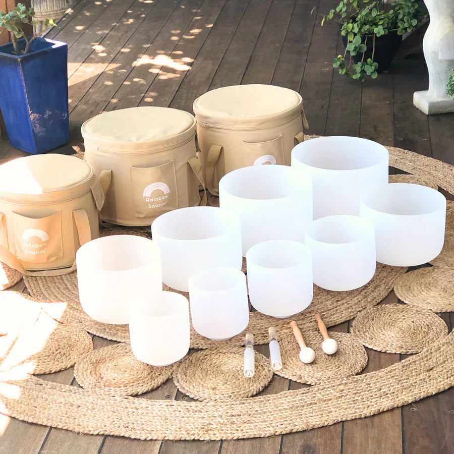 Set Of 9 | Full Chakra White Crystal Singing Bowls In Beige Bags