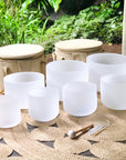 Set Of 7 White Crystal Singing Bowls In Beige Bags