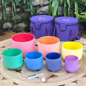 Set Of 7 Coloured Crystal Singing Bowls In Purple Bags
