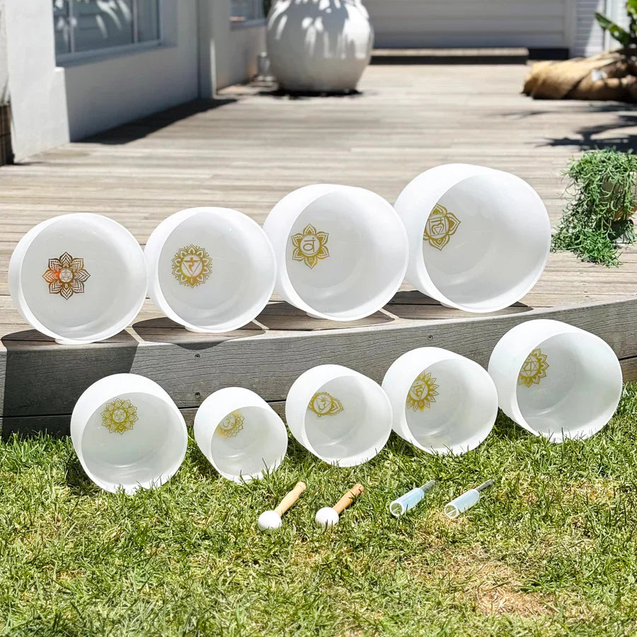 Set Of 9 | Full Chakra White Crystal Singing Bowls In Beige Bags