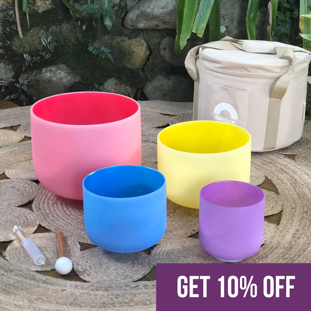 Set Of 4 Coloured Crystal Singing Bowls In Beige Bag